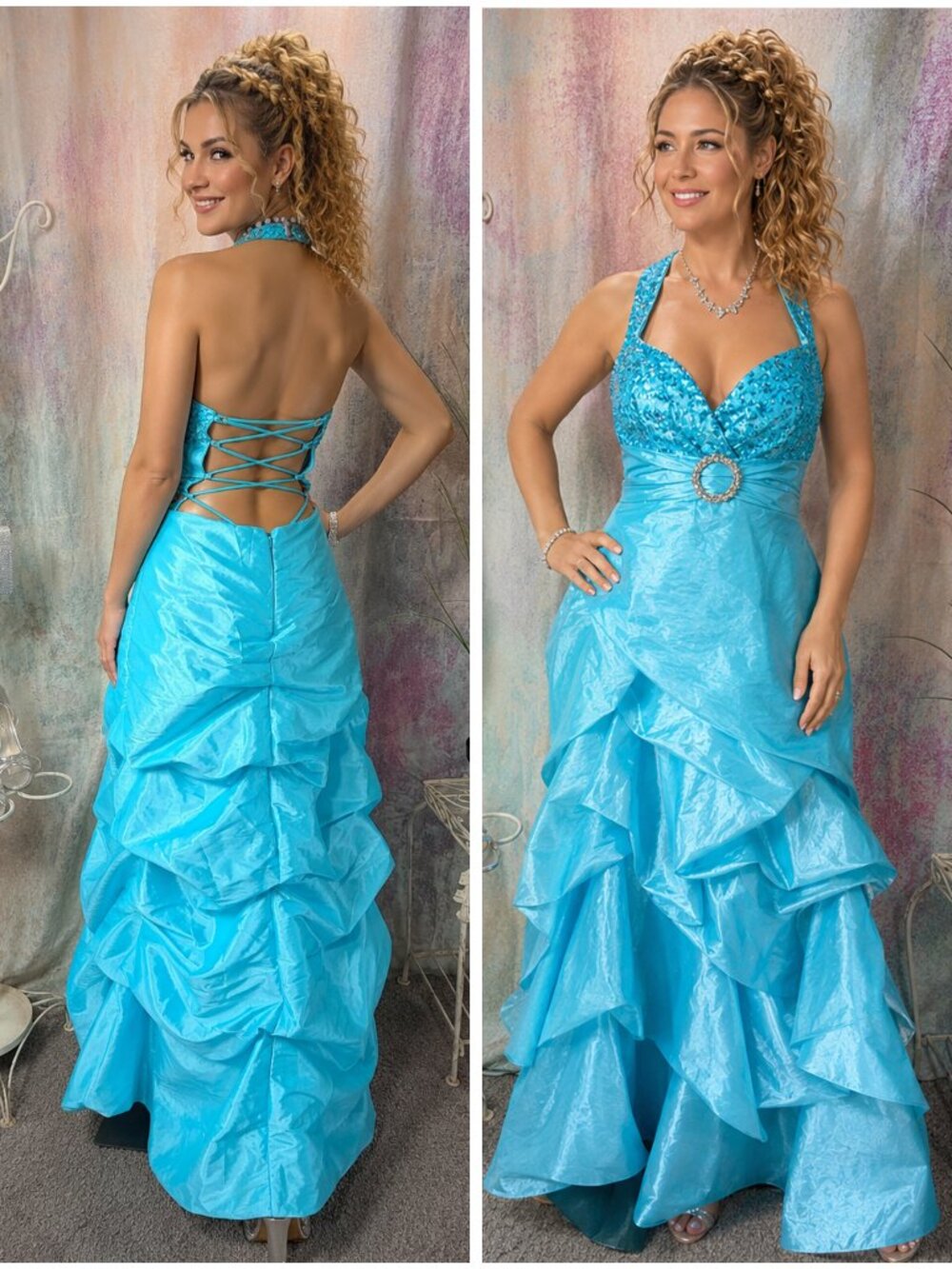 📌Fiesta A Statement Back Tiered Pickup Ruffle Skirt Beaded Prom - Formal Gown